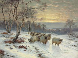Wright Barker - A shepherd with his flock in a Winter landscape