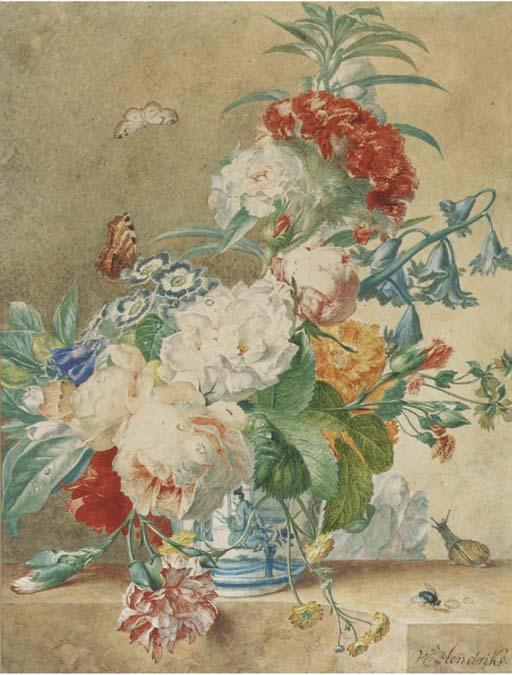 Wybrand Hendricks - Still Life With Peonies, Roses, Carnations And Other Flowers In A Chinese Vase Set On A Marble Ledge