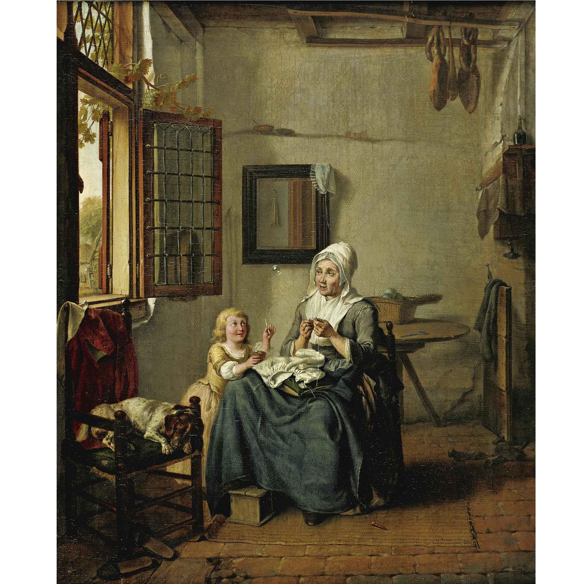Wybrand Hendriks - Interior With A Woman And Child Sewing By An Open Window, A Dog Asleep In A Chair