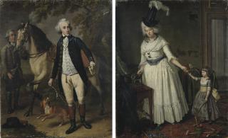 Wybrand Hendriks - Portrait of Jan van Walre, full length, in a riding costume with his dog, his horse and a servant by his side; and Portrait of Maria Kops, full length, in a white dress and elaborate hat with her daughter by her side