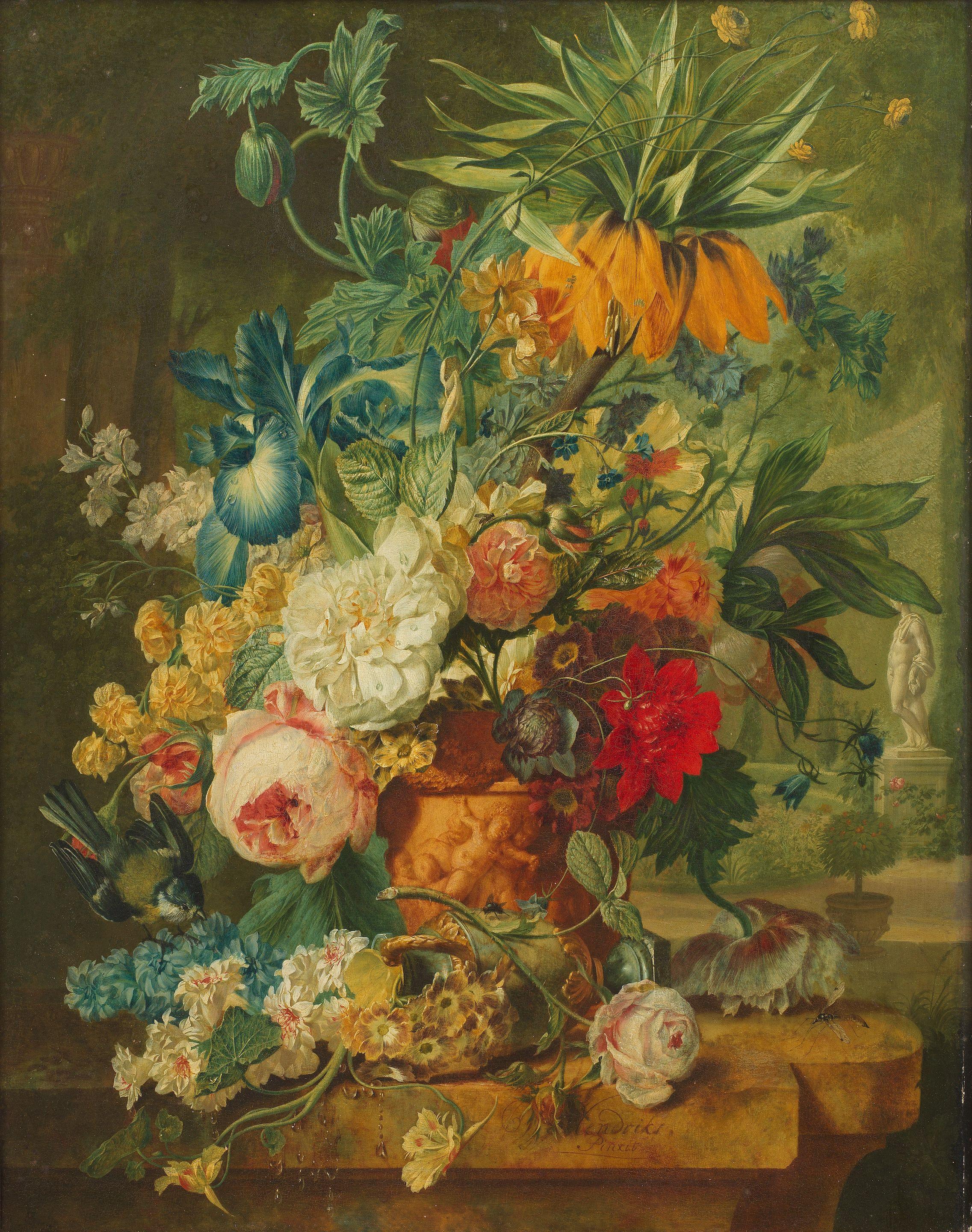Wybrand Hendriks - Still life of a Crown Imperial, iris, roses and other flowers in a terracotta vase on a stone ledge in a landscape