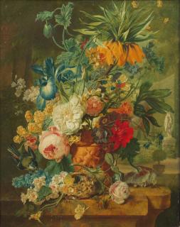 Wybrand Hendriks - Still life of a Crown Imperial, iris, roses and other flowers in a terracotta vase on a stone ledge in a landscape