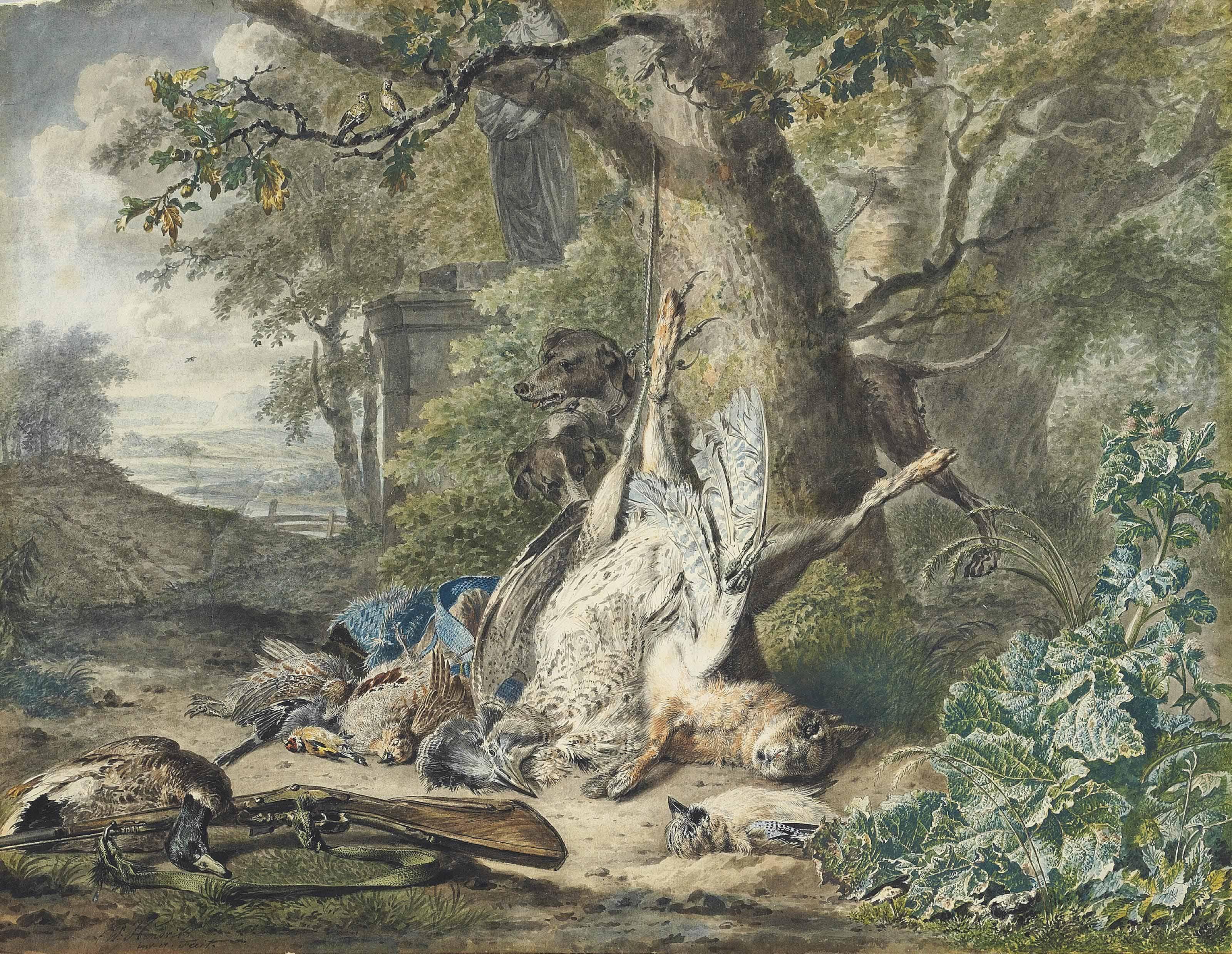 Wybrand Hendriks - Still life of a hare and birds, including a mallard, a goldfinch, a heron and a jay, with two hunting dogs, a rifle in the foreground
