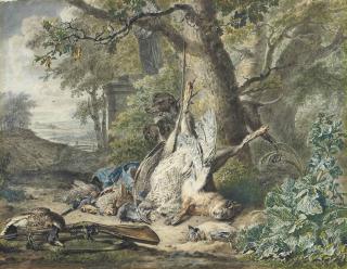 Wybrand Hendriks - Still life of a hare and birds, including a mallard, a goldfinch, a heron and a jay, with two hunting dogs, a rifle in the foreground