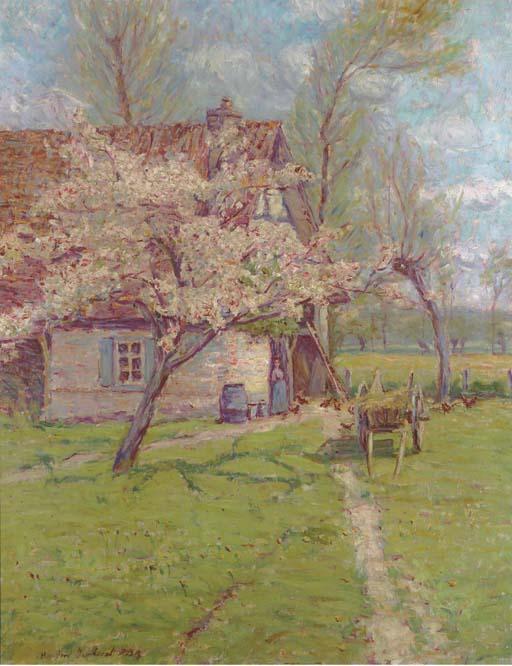 Wynford Dewhurst - Apple blossom before a cottage