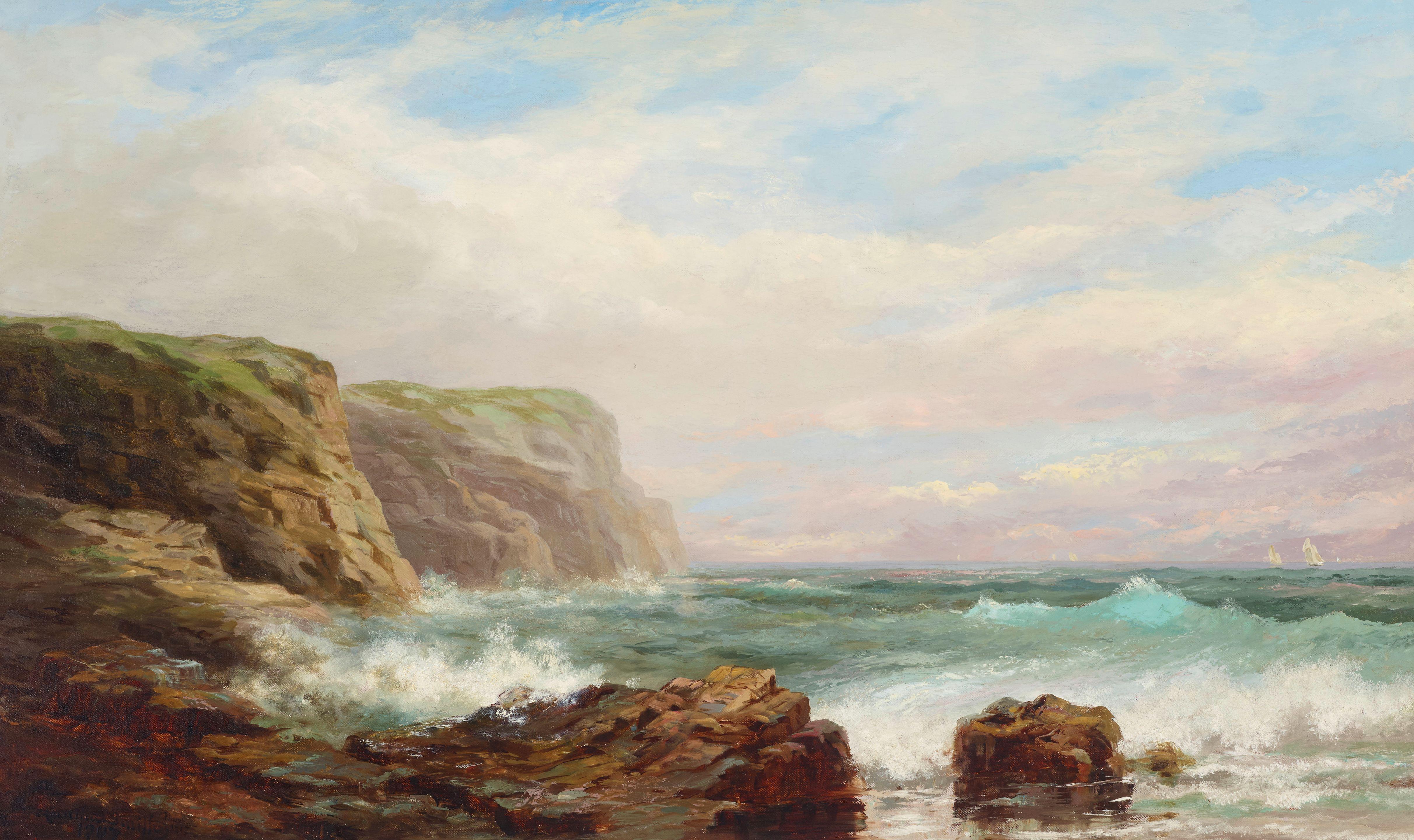 Xanthus Russell Smith - Surf on a Rocky Coast with Schooners in the Distance