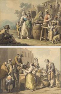 Xavier Della Gatta - A man serving pasta by a house; and A grain seller by city walls