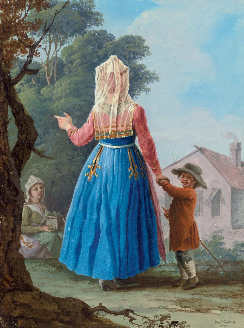 Xavier della Gatta - A veiled woman in a blue and red dress, holding her son\'s hand