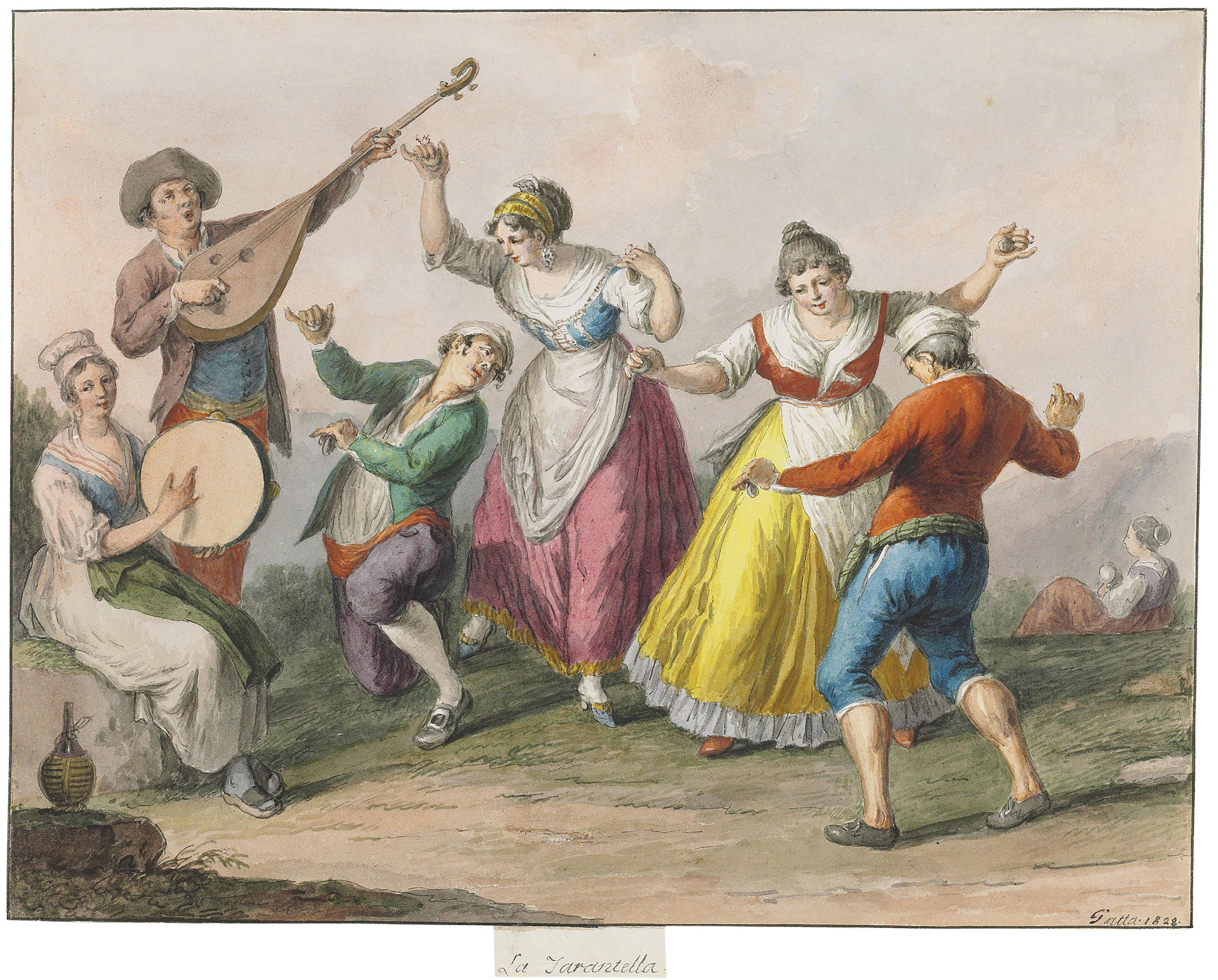 Xavier Della Gatta - Neapolitans dancing the tarantella; Neapolitans outside a butcher\'s shop; and Neapolitans drinking and playing morra outside a wine shop
