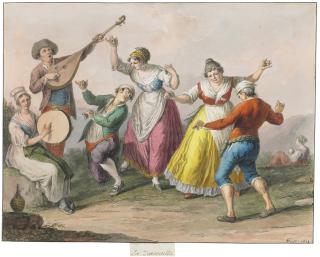 Xavier Della Gatta - Neapolitans dancing the tarantella; Neapolitans outside a butcher\'s shop; and Neapolitans drinking and playing morra outside a wine shop
