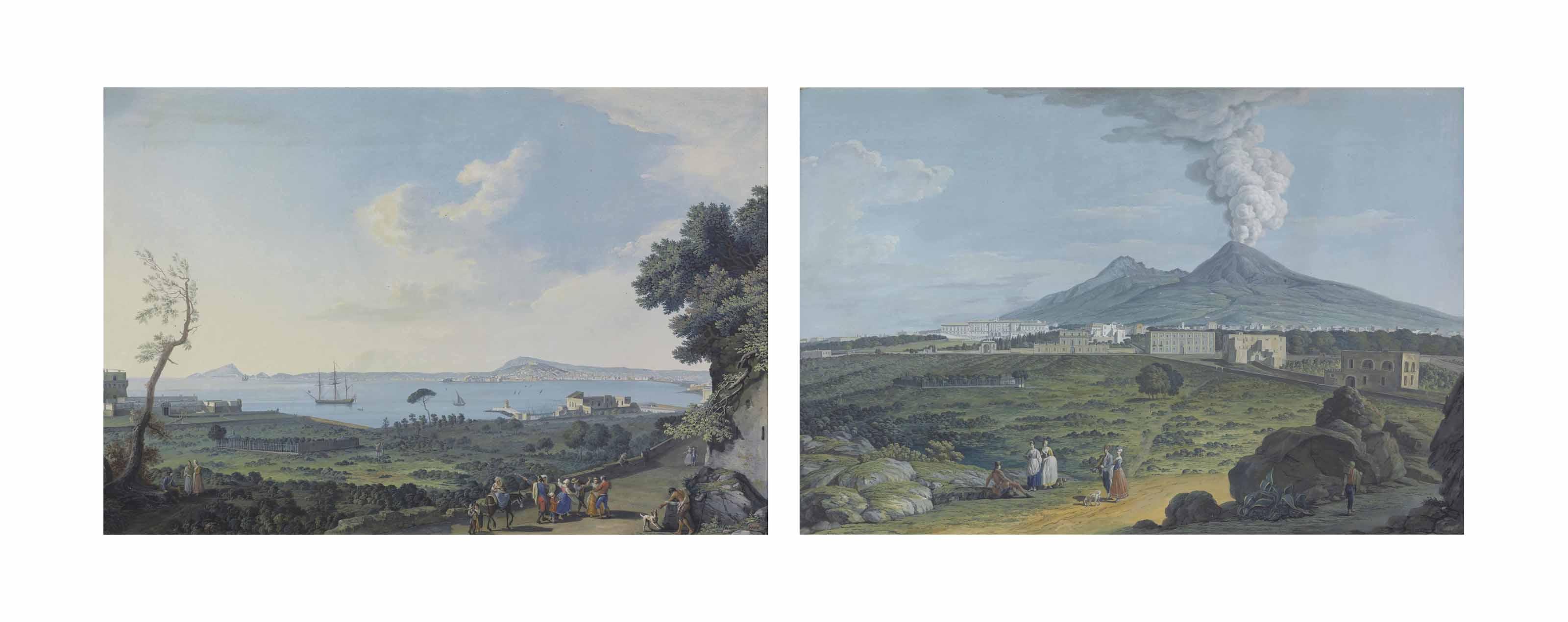 Xavier Della Gatta - View Of Naples From Portici; And View Of The Palazzo Reale At Portici With Figures In The Foreground And Mount Vesuvius In The Background