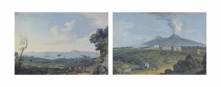 Xavier Della Gatta - View Of Naples From Portici; And View Of The Palazzo Reale At Portici With Figures In The Foreground And Mount Vesuvius In The Background