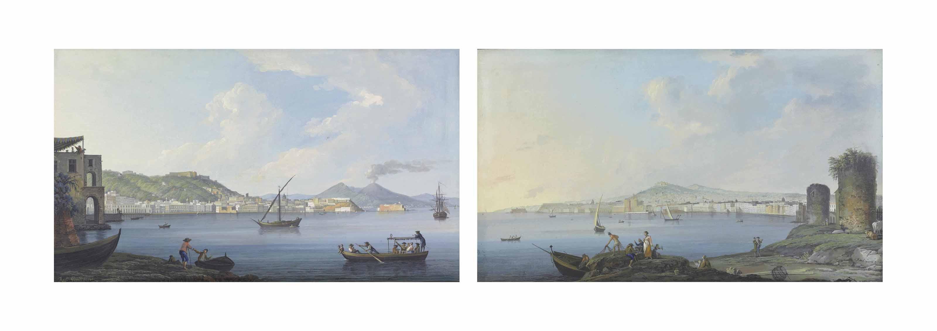 Xavier Della Gatta - View Of Naples From The Strada Di Posilippo, With Mount Vesuvius In The Distance; And View Of Naples From Marinella
