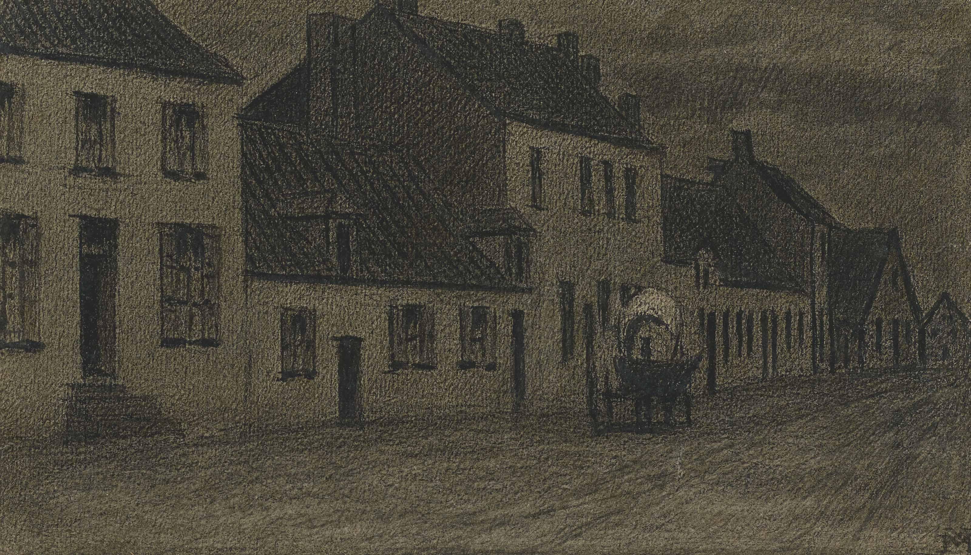 Xavier Mellery - Calèche traversant une rue bordée de maisons