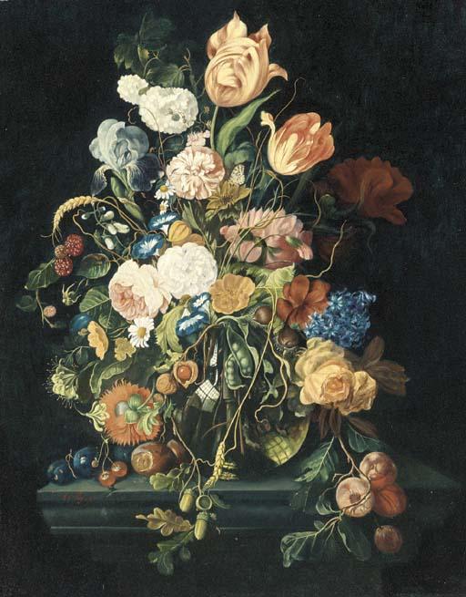 Xavier van Ryser - Mixed summer flowers in a vase on a plinth
