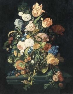 Xavier van Ryser - Mixed summer flowers in a vase on a plinth