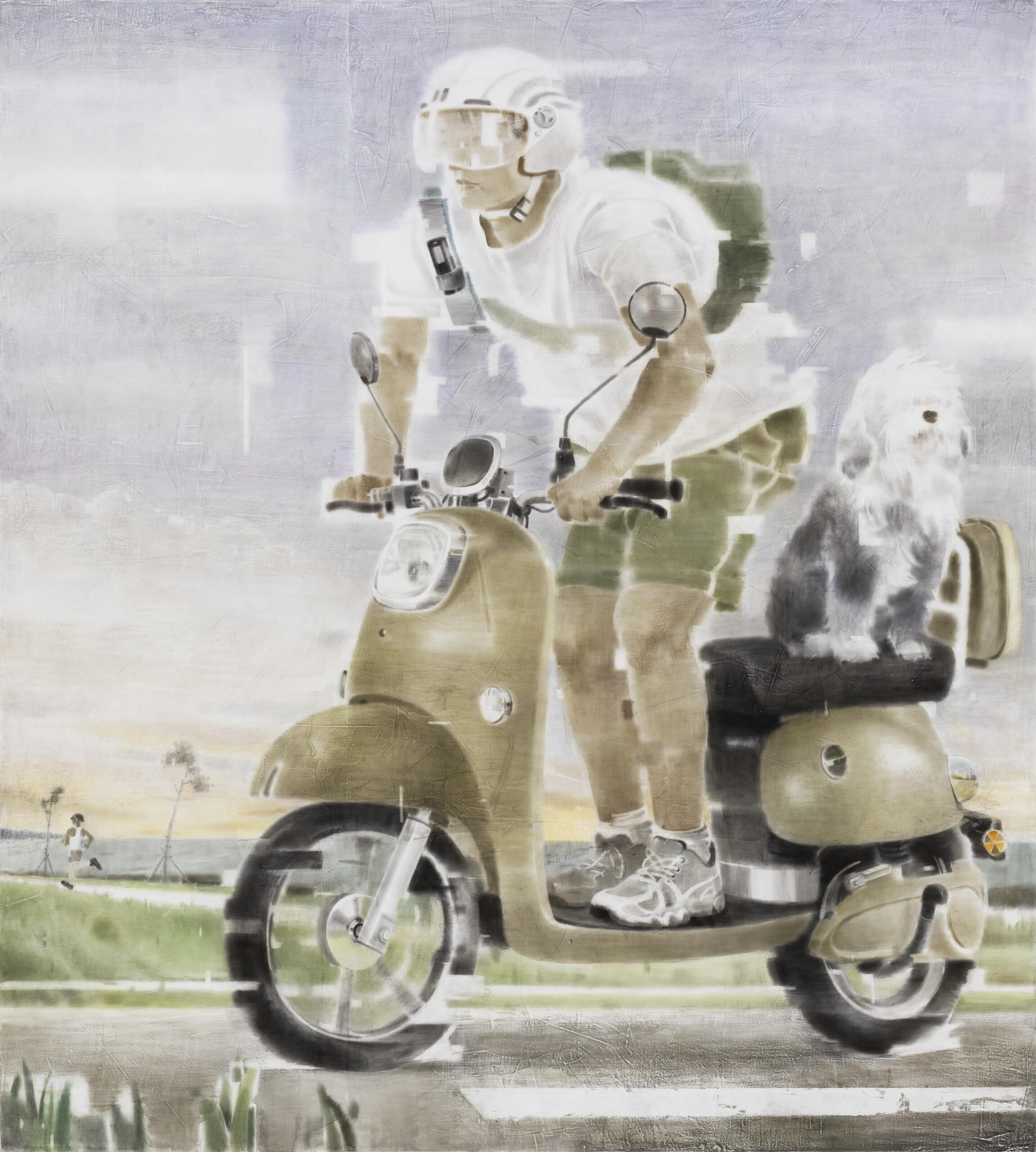 Xia Yu - E-bike, Sunset, Dog