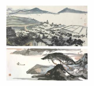 Xie Zhiguang - Village View/River and Boat