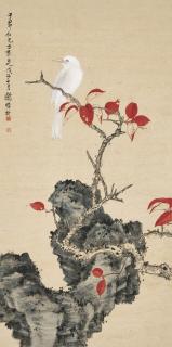 Xie Zhiliu - White Bird on Branch with Red Leaves