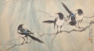 Xu Beihong - Four Magpies On Willow Tree