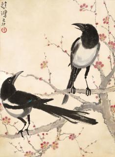 Xu Beihong - Two Magpies And Red Plum Blossoms