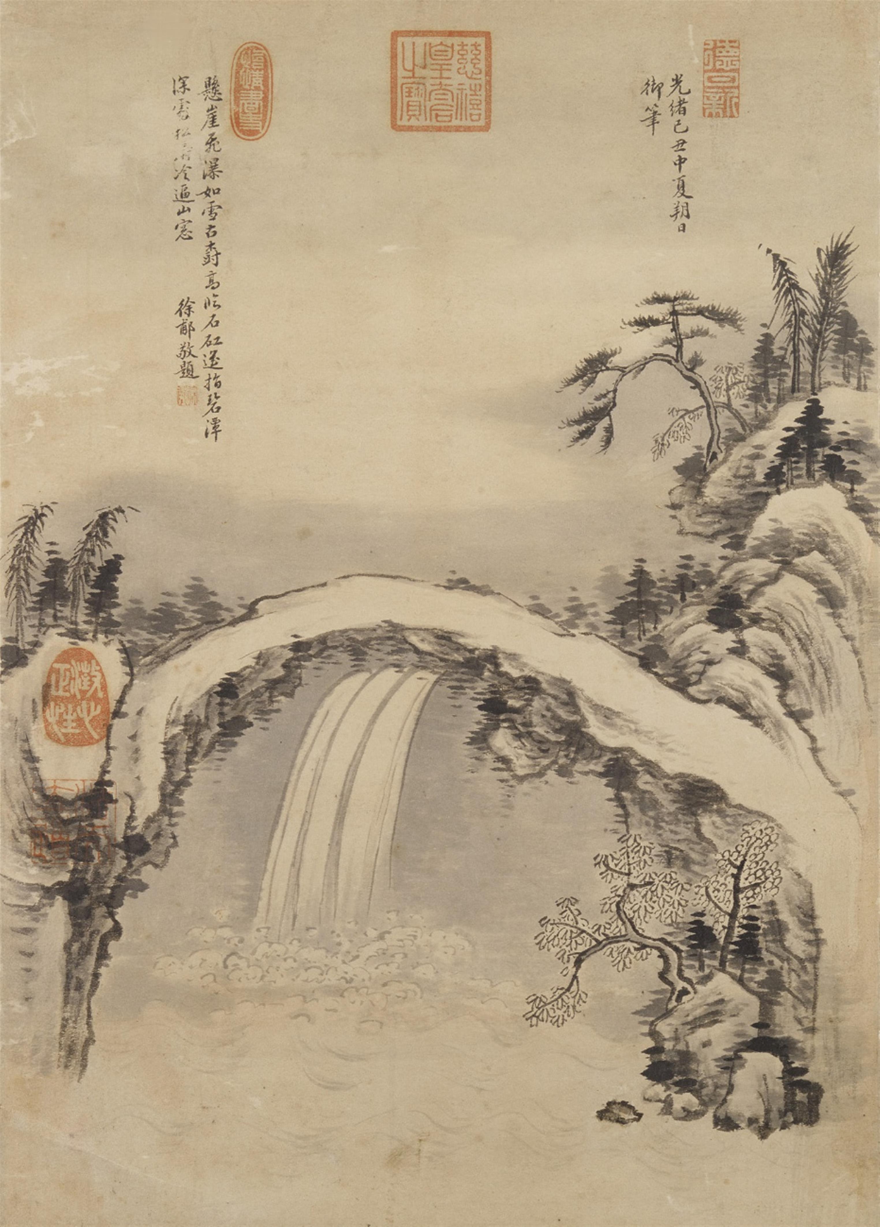 Xu Fu - Landschaft mit Wasserfall. Albumblatt. Tusche auf Papier. Aufschrift, zyklisch datiert Guangxu jichou (1889), sign.: Xu Fu, Siegel: Xu Fu ..., Cixi huangtaihou zhi bao, Cheng xin zheng xing und ein weiteres.