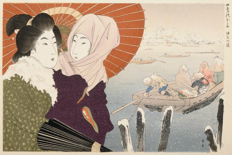 Yamamoto Shoun - Winter scene from The Four Seasons, c.1900, signed Shoun, very good impression and colour, gauffrage used to accentuate the texture of clothes, very slight creasing near edges