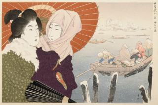 Yamamoto Shoun - Winter scene from The Four Seasons, c.1900, signed Shoun, very good impression and colour, gauffrage used to accentuate the texture of clothes, very slight creasing near edges