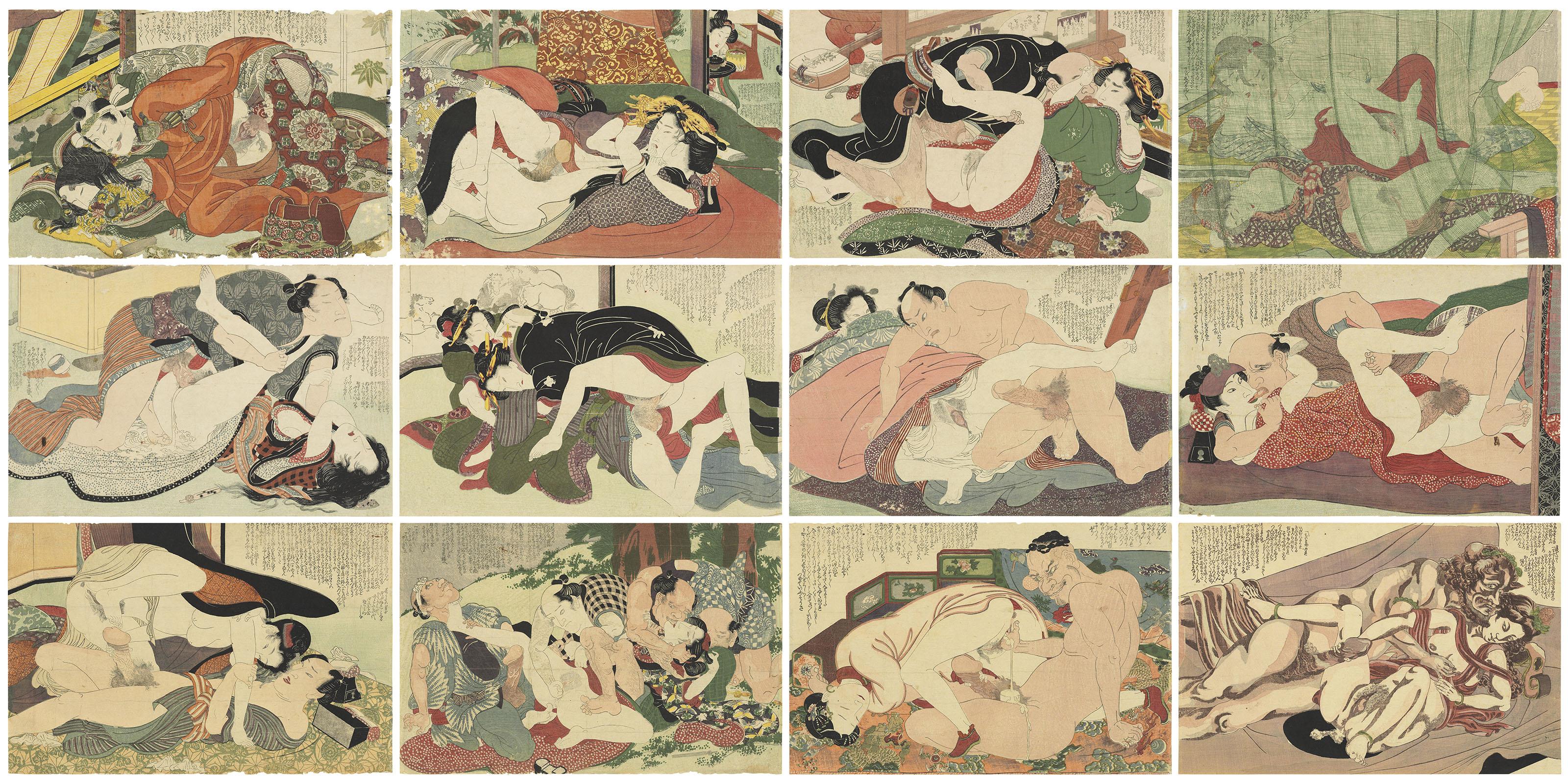 Yanagawa Shigenobu - The complete set of twelve shunga prints from the series Willow Storm (Yanagi no Arashi)