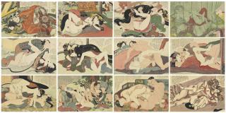 Yanagawa Shigenobu - The complete set of twelve shunga prints from the series Willow Storm (Yanagi no Arashi)