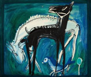 Yannis Gaïtis - Cheval noir, cheval blanc et oiseau