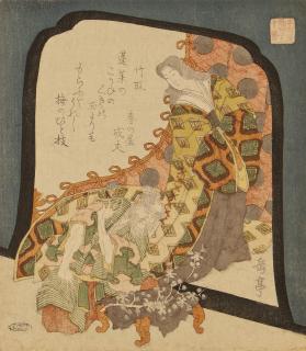 Yashima Gakutei - A lady standing in an elaborate kimono, an old man before her, signed Gakutei, very good impression, slight fading, rubbing and creasing