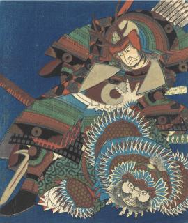Yashima Gakutei - A WARRIOR WEARING AN ANTLER MAEDATE VANQUISHING HIS RIVAL