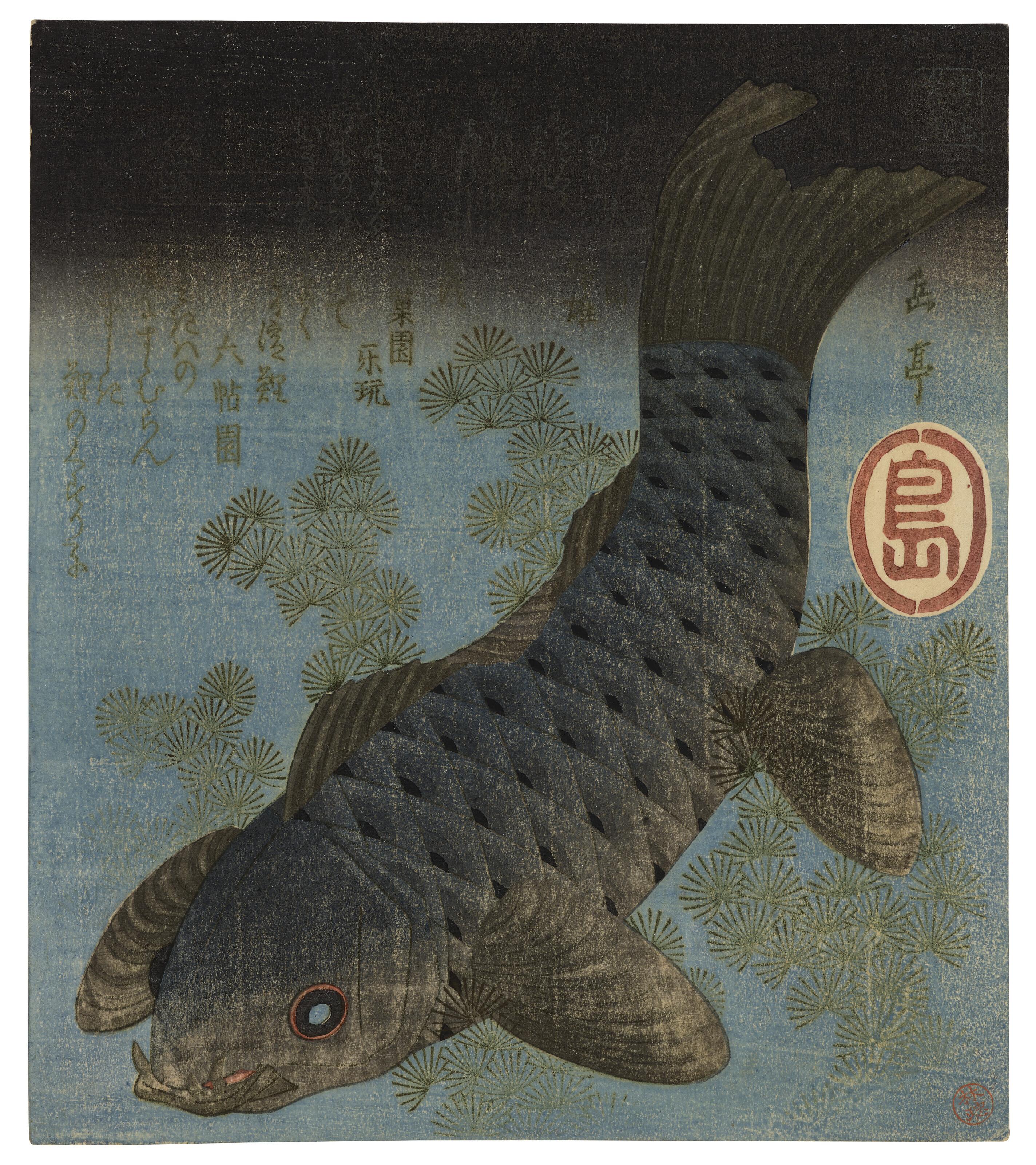 Yashima Gakutei - Giant black carp in waterweeds