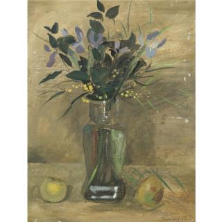 Yiannis Tsarouchis - Greek Still Life Of Blue Irises And Fruit