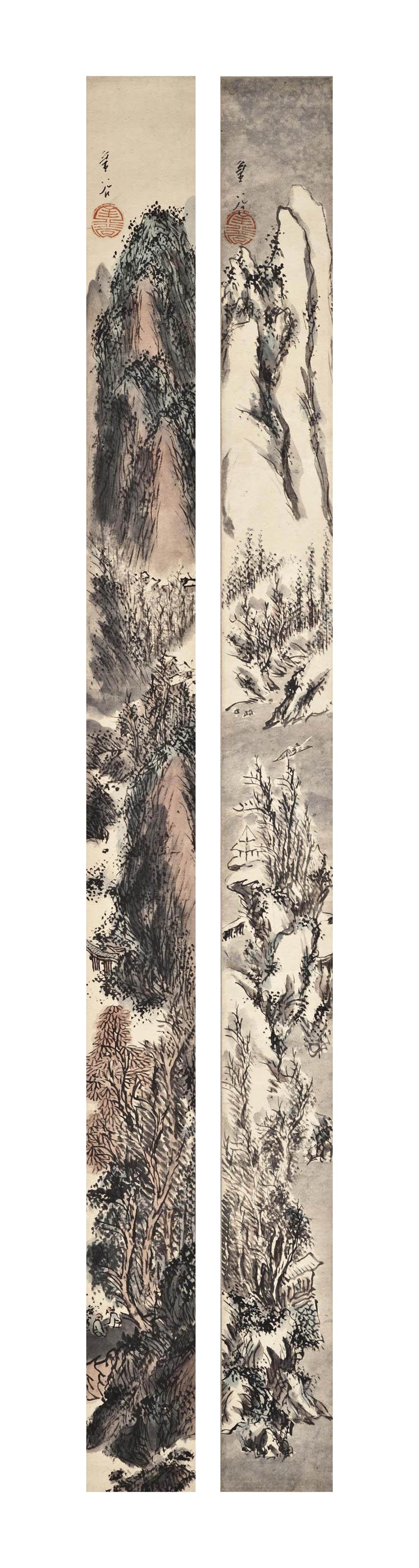 Yokoi Kinkoku - A pair of hanging scrolls, landscapes, ink and light colour on paper, each signed Kinkoku and sealed Kinkoku
