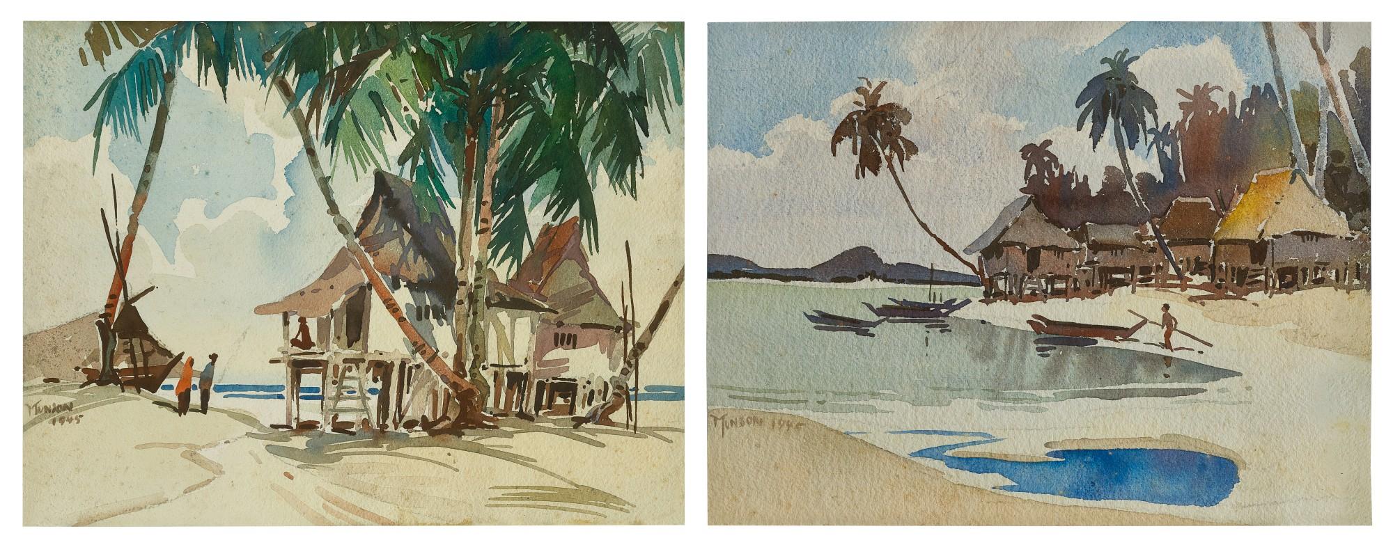 Yong Mun Sen - (i) Kampong and Fishermen  (ii) Kampong, Palm Trees and Boat