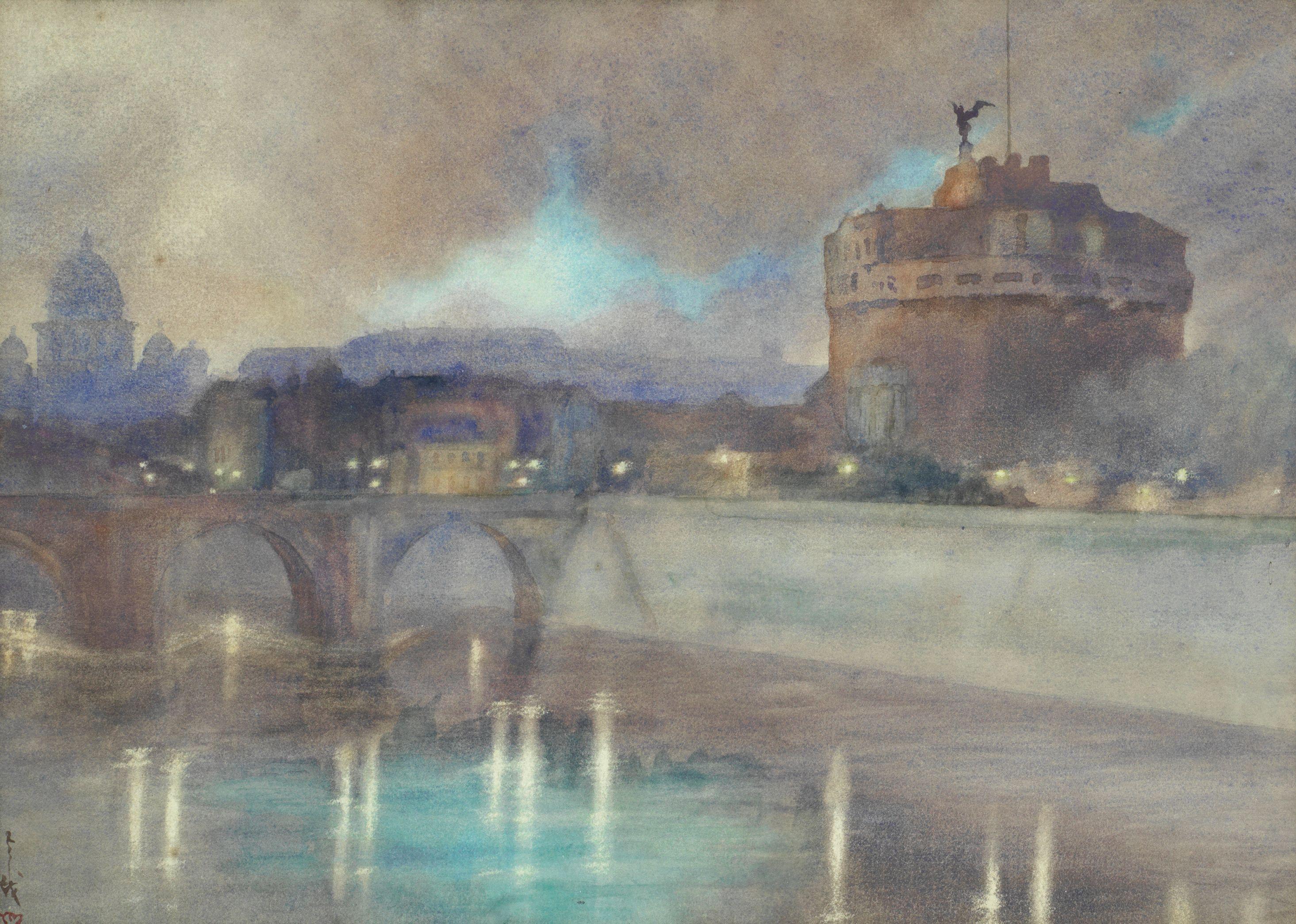 Yoshio Markino - A View Of Castel Sant\'Angelo Across The Tiber With St Peter\'s Basilica In The Distance