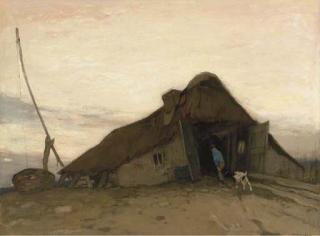 Ypes Heerke Wenning - A figure leading a goat into a boathouse