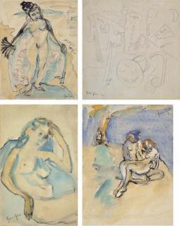 Yun Gee - After the Bath; Cafe; Nude in Armchair; Two Nudes