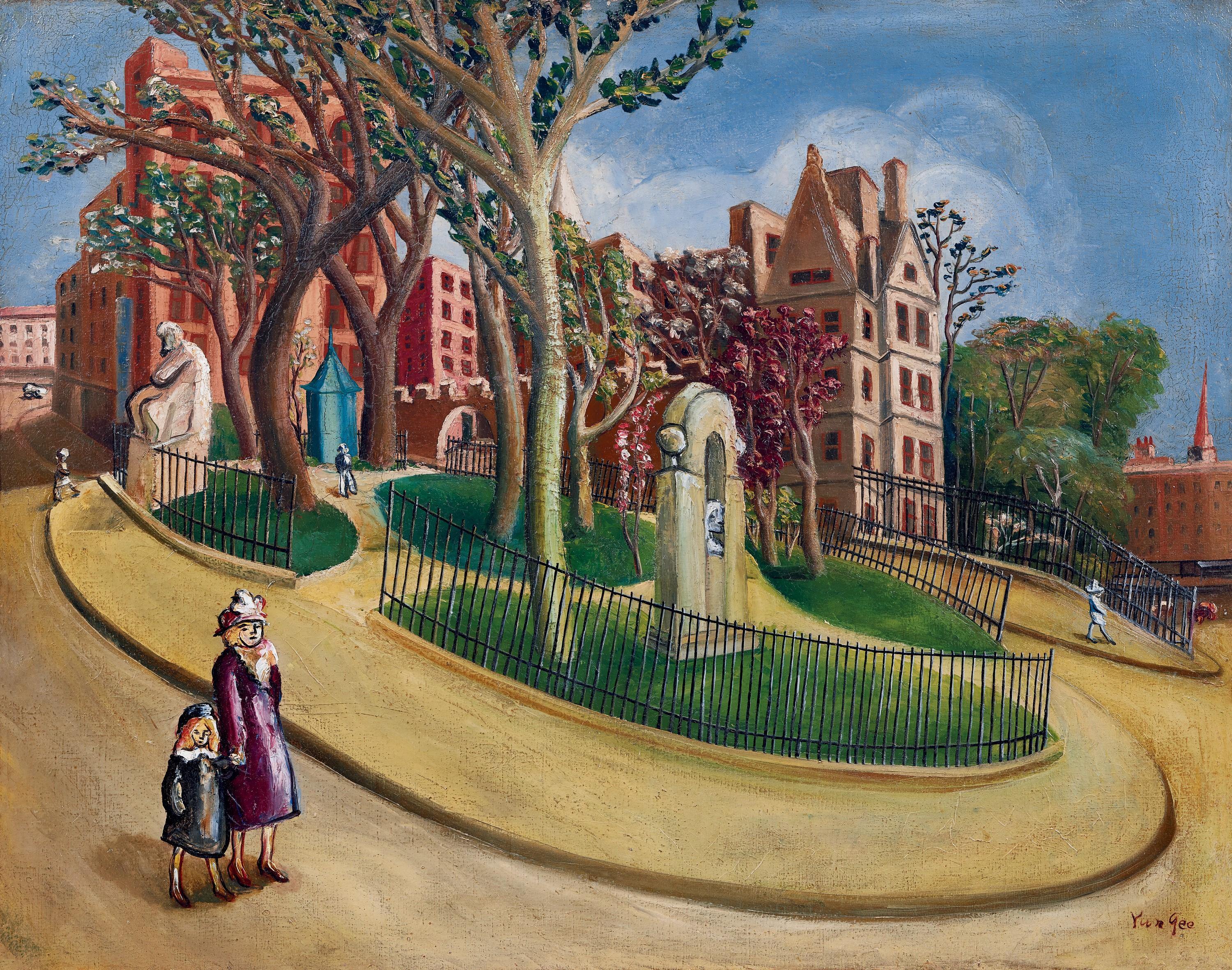 Yun Gee - Woman And Child Walking In Park （Sorbonne Square）(Painted In 1936-1939)