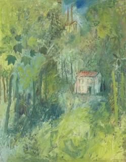 Yuri Annenkov - A red-tiled cottage nestled in a wood