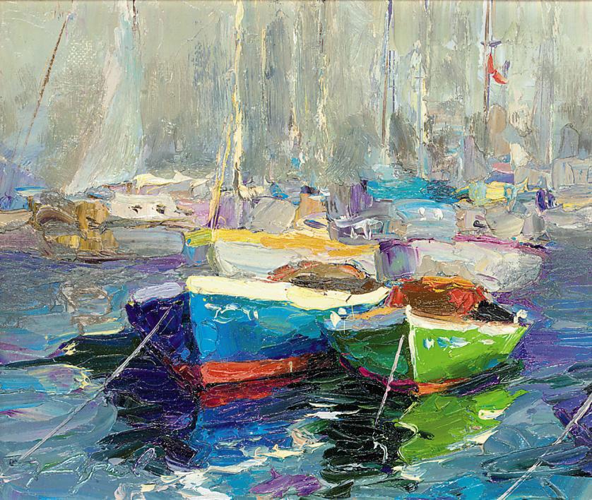 Yuri Kuchinov - Moored boats; and Seagulls flying over choppy waters