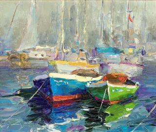 Yuri Kuchinov - Moored boats; and Seagulls flying over choppy waters