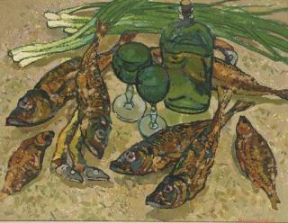 Yuri Matushevski - Still life with green bottle, spring onions and fish