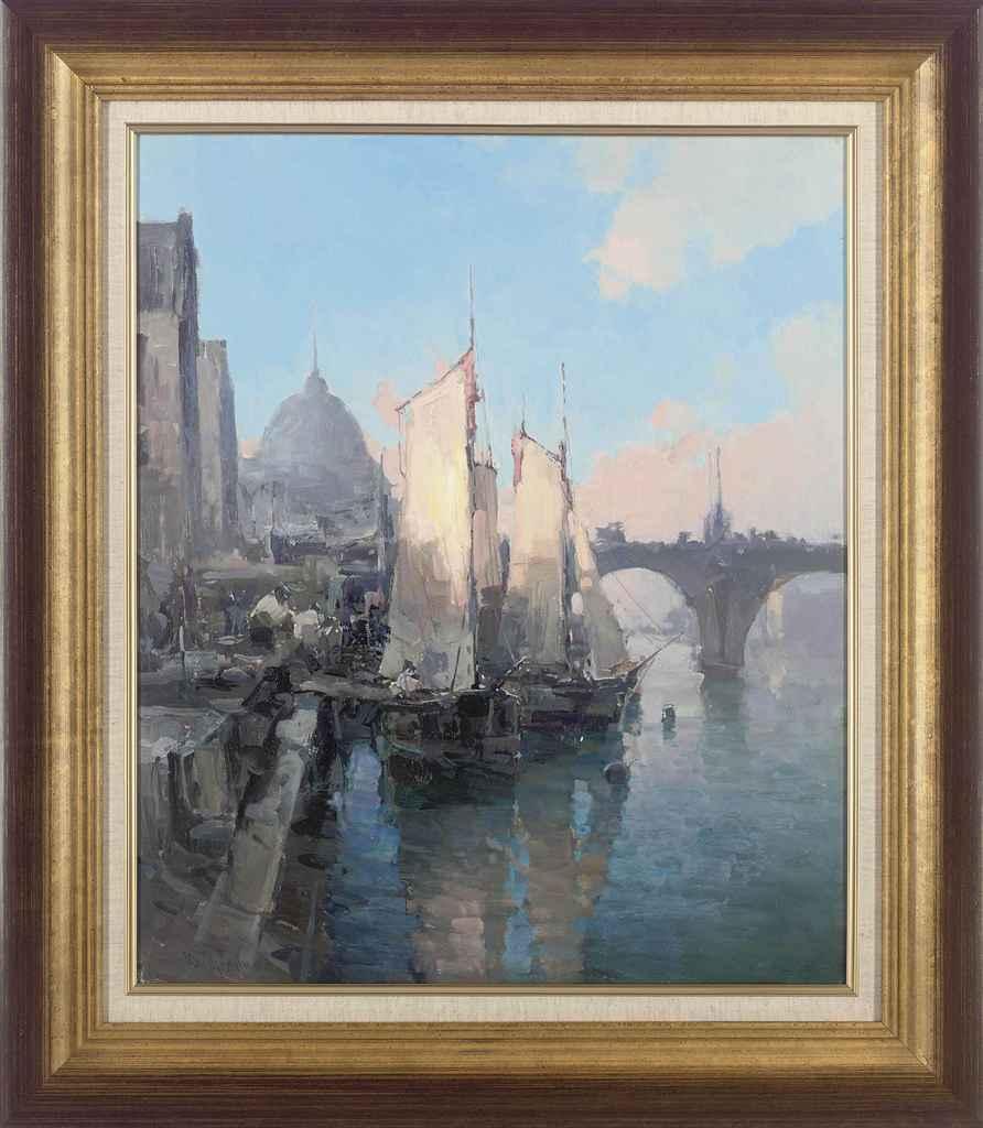 Yuriy Priyadko - Barges on the river, early morning