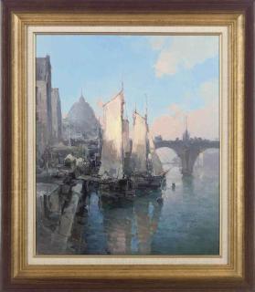 Yuriy Priyadko - Barges on the river, early morning