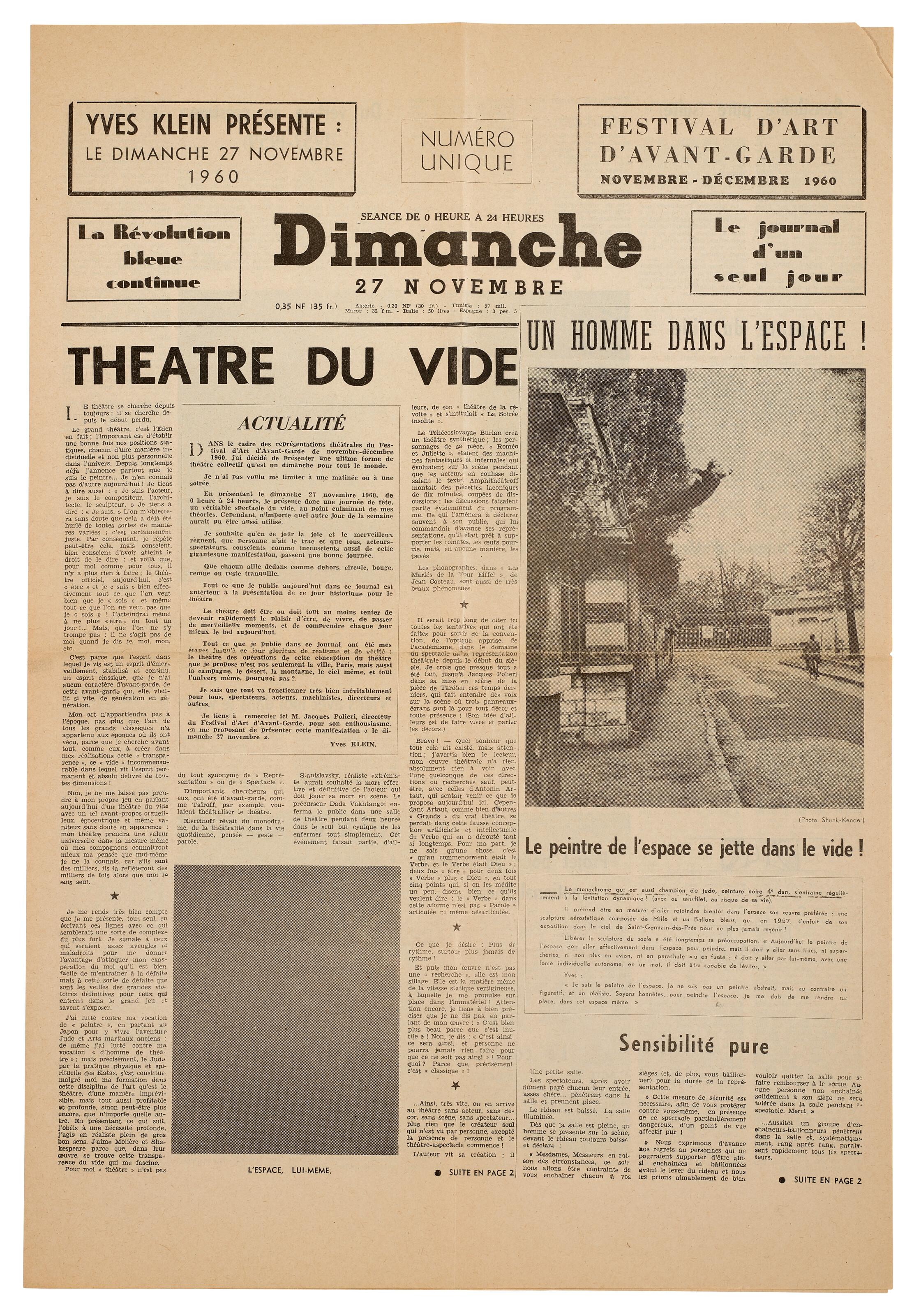 Yves Klein - Théatre du Vide (Yves Klein présente: Le dimanche 27 novembre 1960, Festival d\'Art d\'Avant-Garde, La Révolution bleue continue, Le journal d\'un seul jour)