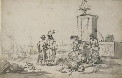 Zacharias Blijhooft - Personnages près d\'une fontaine, des bateaux amarrés au port à l\'arrière-plan (recto); Une scène de bataille (verso)
