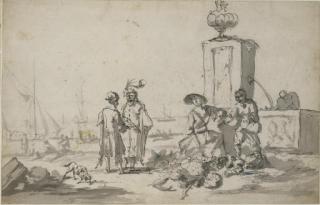Zacharias Blijhooft - Personnages près d\'une fontaine, des bateaux amarrés au port à l\'arrière-plan (recto); Une scène de bataille (verso)